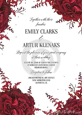 Wedding floral invite, invtation card design. Watercolor marsala red garden rose blossom, amaranthus flower & burgundy eucalyptus Vector Illustration