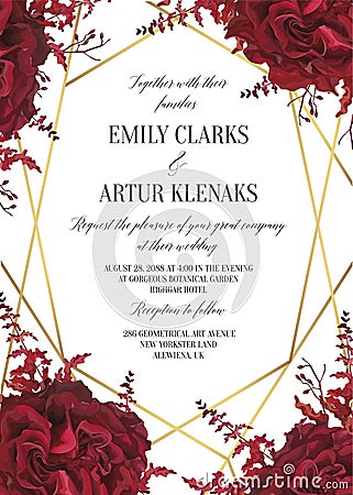 Wedding floral invite, invtation card design. Watercolor marsala red garden rose blossom, amaranthus flower & burgundy eucalyptus Vector Illustration