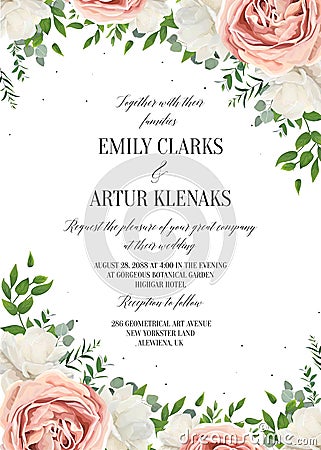 Wedding floral invite, invtation, save the date card design. Watercolor blush pink rose flowers, white garden peonies, green Vector Illustration