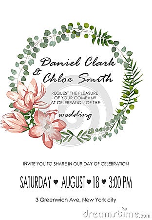 Wedding floral invite, invtation, save the date card design. Watercolor blush pink roses, cute white garden peony flowers, green Stock Photo