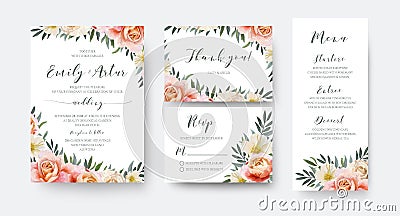 Wedding floral invite, thank you, rsvp menu card design with gar Vector Illustration