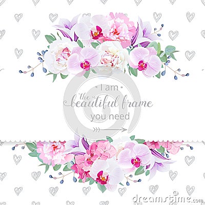 Wedding floral vector design horizontal card. Pink and white peony, purple orchid, hydrangea, violet campanula flowers frame Vector Illustration