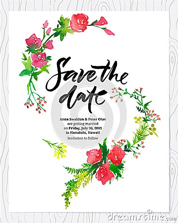 Wedding floral watercolor card Save the date. Vector Illustration