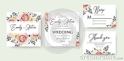 Wedding floral watercolor invite, invitation, save the date, rsv Vector Illustration