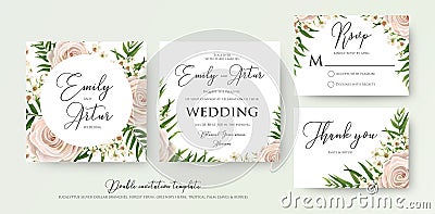 Wedding floral watercolor style double invite, rsvp, thank you c Vector Illustration
