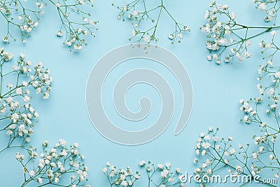 Wedding flower frame on blue background from above. Beautiful floral pattern. Flat lay style. Stock Photo