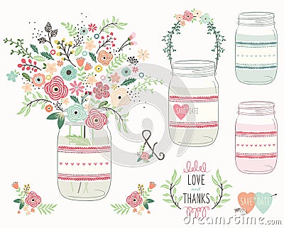 Wedding Flower Mason Jar Vector Illustration