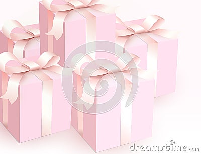 Wedding gift boxes with tender satin ribbon. Magic pink beautiful Gift closed boxes for girl, side view. Vector Vector Illustration