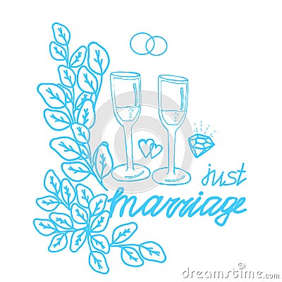 Wedding glasses with rings. Inscription Newly married Cartoon Illustration