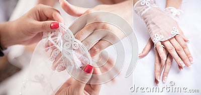 Wedding gloves on hands of bride, close-up Stock Photo