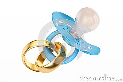 Wedding gold ring and pacifier, parenthood and family concept. 3 Stock Photo