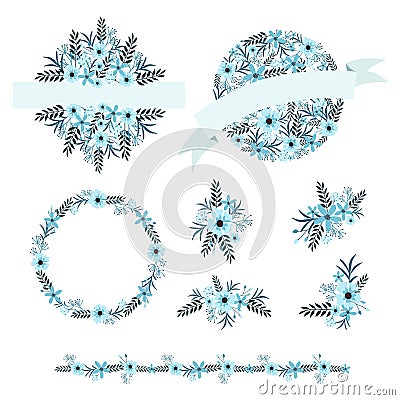 Wedding graphic vector set, flower wreaths, bouquets, frames and borders. Vector Illustration