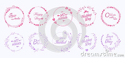 Wedding graphical art set with laurels, wreaths, branches, flowers, and hearts Vector Illustration