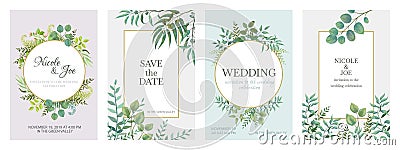 Wedding greenery posters. Floral green invitation cards with rustic garden branches and leaves. Vector trendy eucalyptus Vector Illustration