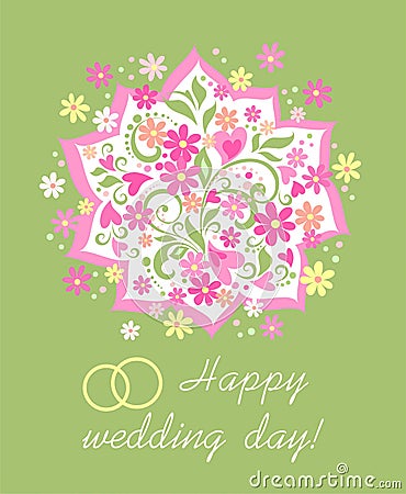 Wedding greeting card with beautiful bouquet with daisy, pink hearts and wedding rings Vector Illustration
