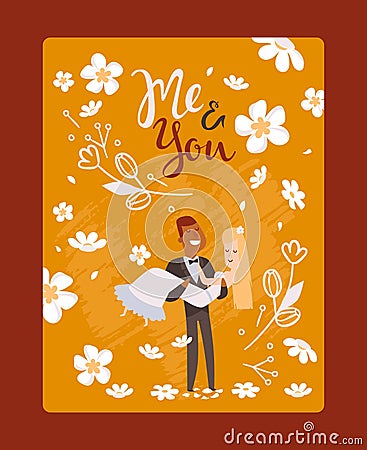 Wedding greeting card, vector illustration. Romantic newlywed couple, bride and groom cartoon characters. Happy Vector Illustration