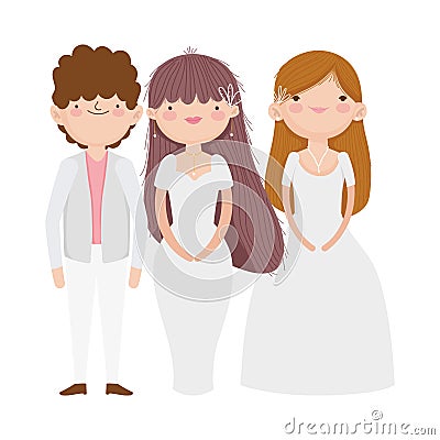 Wedding groom and brides elegant dress and suit cartoon Vector Illustration