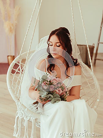 Wedding hairstyle and makeup, beautiful young bride with flowers wreath at marriage morning, happy caucasian girl bridal Stock Photo
