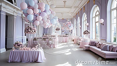 Wedding hall decorated with pink and blue balloons. 3d rendering Stock Photo