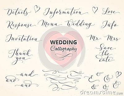 Wedding hand written calligraphy set isolated on white. Great for wedding invitations, cards, banners, photo overlays. Vector Illustration