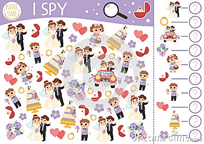 Wedding I spy game for kids. Searching and counting activity with symbols. Marriage ceremony printable worksheet. Simple spotting Vector Illustration