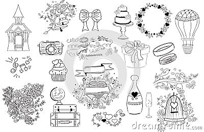 Wedding icons, doodle illustrations Vector Illustration