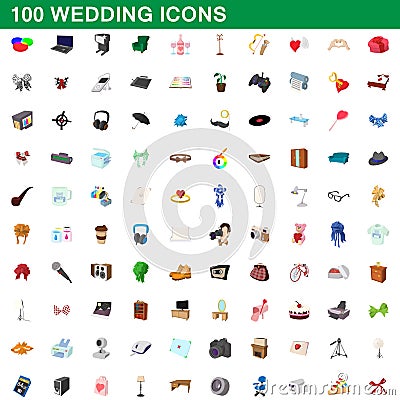 100 wedding icons set, cartoon style Vector Illustration