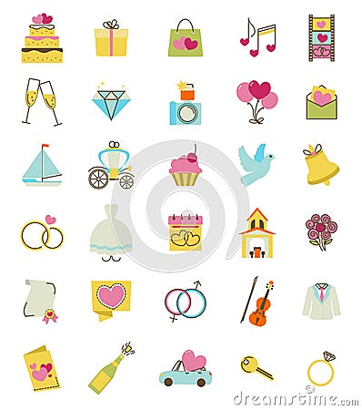 Wedding icons set. Engagement and marriage ceremony accessories Vector Illustration