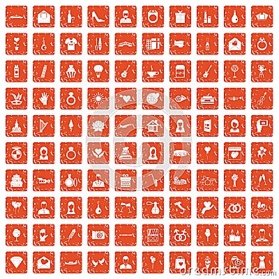 100 wedding icons set grunge orange Vector Illustration