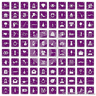 100 wedding icons set grunge purple Vector Illustration