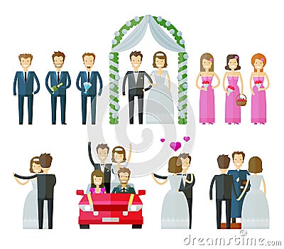 Wedding icons set. marriage, nuptial, wed or Vector Illustration