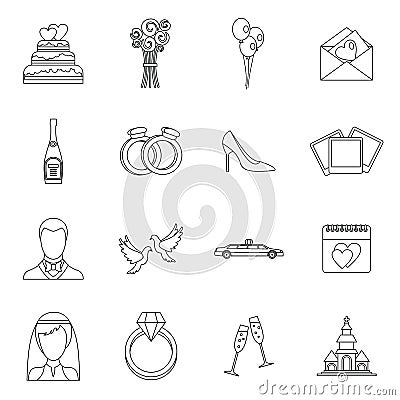Wedding icons set, outline style Vector Illustration