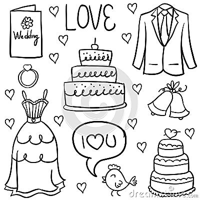 Wedding illustrations drawn in doodled style Vector Illustration