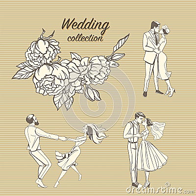 Wedding illustrations of a hand-drawn floral pattern and cute couples in retro style. Vector Illustration