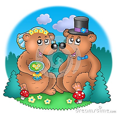 Wedding image with bears on meadow Cartoon Illustration