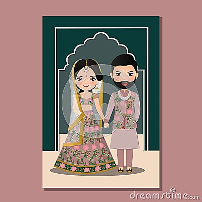 Wedding invitation card the bride and groom cute couple in traditional indian dress cartoon character. Vector illustration. Vector Illustration