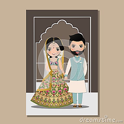 Wedding invitation card the bride and groom cute couple in traditional indian dress cartoon character. Vector illustration. Vector Illustration