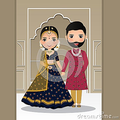 Wedding invitation card the bride and groom cute couple in traditional indian dress cartoon character. Vector illustration. Vector Illustration