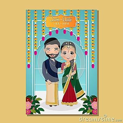 Cute couple in traditional indian dress cartoon character.Romantic wedding invitation card Vector Illustration