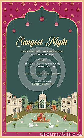Traditional Indian Mughal-style sangeet night invitation card design for printing. Vector Illustration