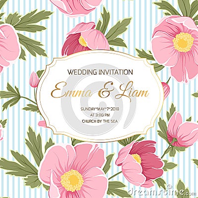 Wedding invitation anemone hellebore peony flowers Vector Illustration