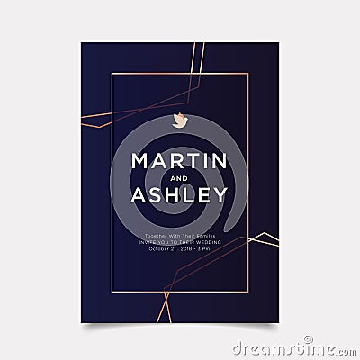 Wedding Invitation, art deco style invite thank you, rsvp modern card Design with navy blue and white gold geometrical polyhedron Vector Illustration