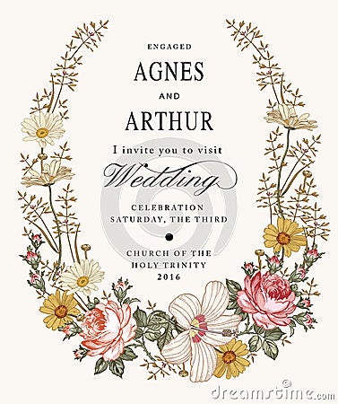 Wedding invitation. Beautiful flowers Chamomile Rose hibiscus mallow. Vintage greeting card. Frame Vector. Drawing engraving. Vector Illustration