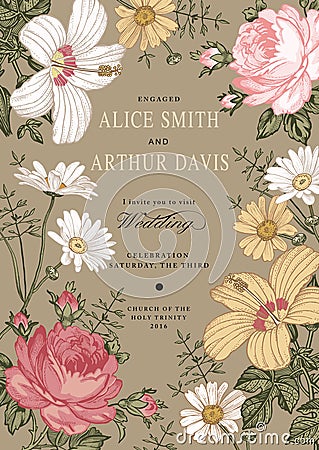 Wedding invitation. Beautiful flowers Chamomile Rose hibiscus mallow. Vintage greeting card. Frame. Drawing engraving. Vector Illustration