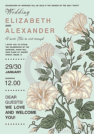 Wedding invitation. Beautiful flowers Petunia card. Frame, label. Vector victorian Illustration. Vector Illustration