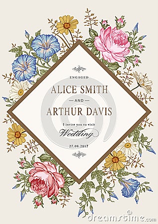 Wedding thanks invitation. Beautiful realistic flowers Chamomile Rose card. Frame, label. Vector victorian Illustration. Petunia Vector Illustration
