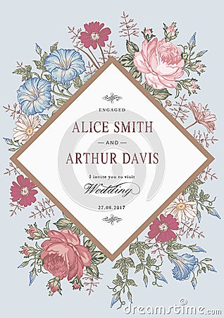 Wedding thanks invitation. Beautiful realistic flowers Chamomile Rose card. Frame, label. Vector victorian Illustration. Petunia Vector Illustration