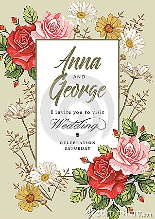Wedding thanks invitation. Beautiful realistic flowers Chamomile Rose card. Frame, label. Vector victorian Illustration. Vector Illustration