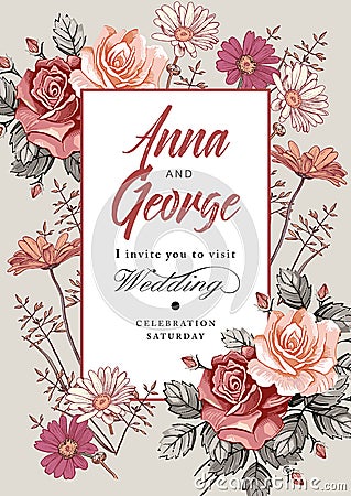 Wedding thanks invitation. Beautiful realistic flowers Chamomile Rose card. Frame, label. Vector victorian Illustration. Vector Illustration