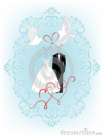 Wedding invitation with birds, hearts and dress the bride and groom Vector Illustration